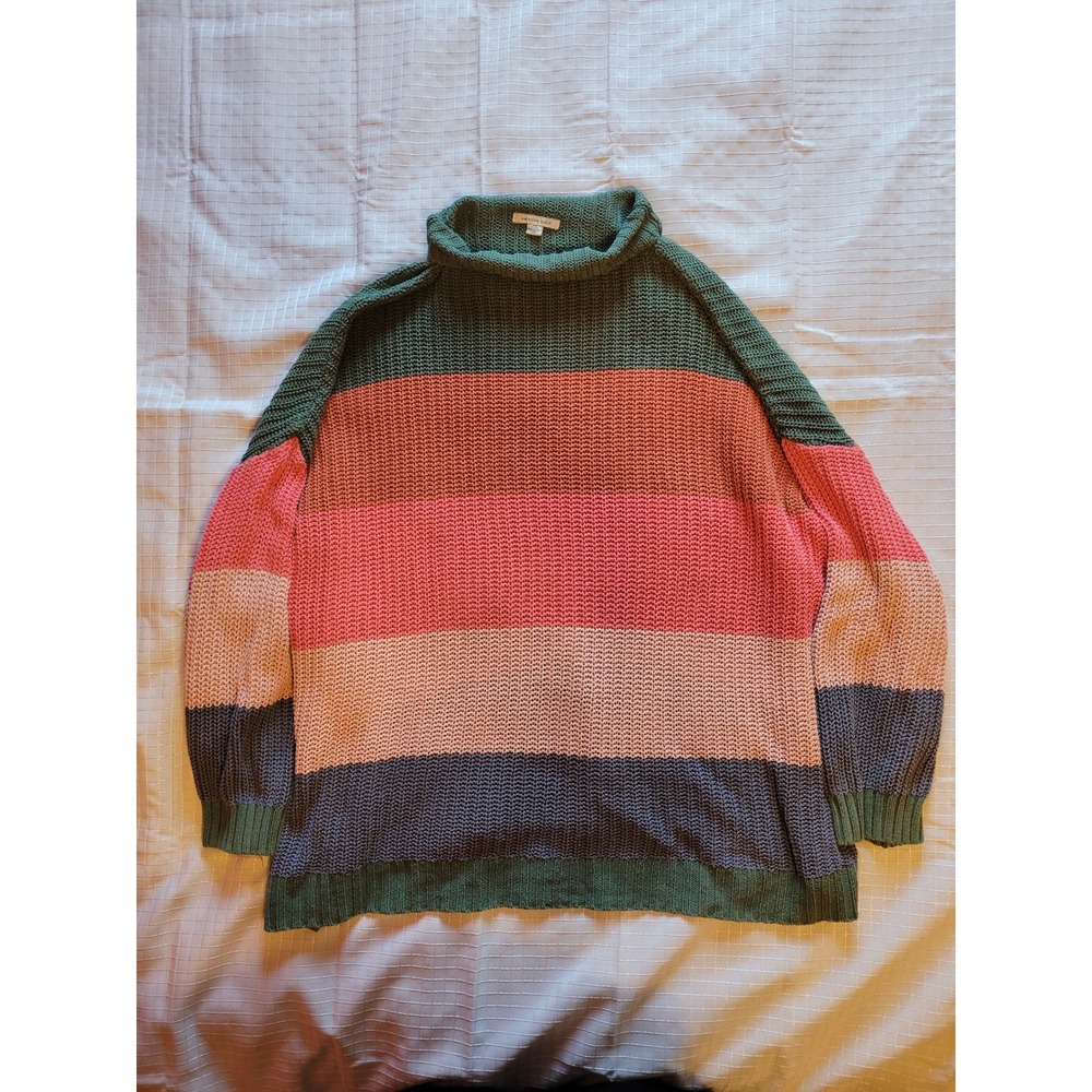 American Eagle Striped Oversized Mock Neck Sweater Green Pink L/XL